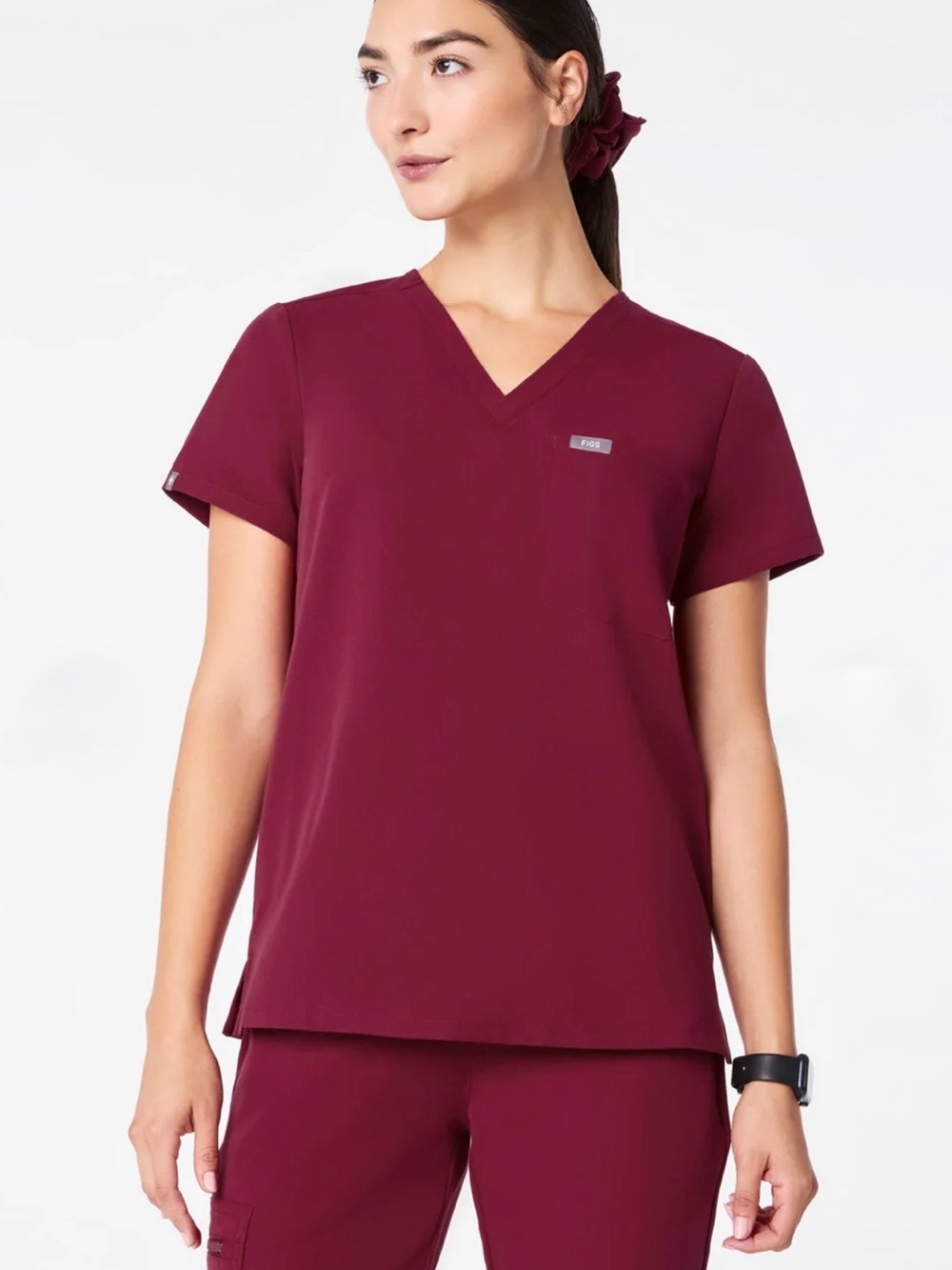 Figs Women's V-Neck Medical Scrub Top in Dark Cranberry